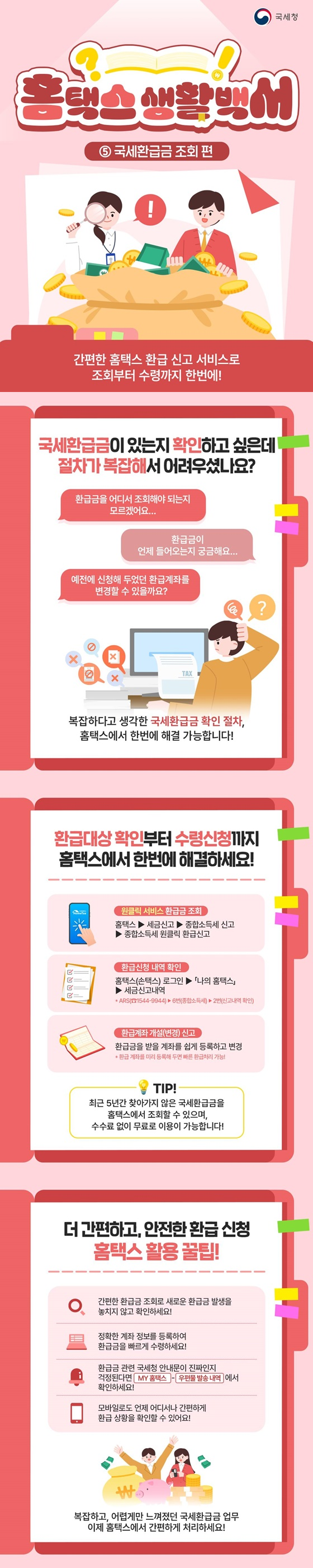 국세청 ci 홈텍스 생활백서 국세환급금 조회 편 간편한 환급신고 서비스로 조회부터 수령까지 한번에 ■ 국세환급금이 있는지 확인하고 싶은데 절차가 복잡해서 어려우셨나요? 환급금을 어디서 조회해야 되는지 모르겠어요 환급금이 언제 들어오는지 궁금해요 예전에 신청해 두었던 환급계좌를 변경할 수 있을까요 복잡하다고 생각한 국세환급금 확인 절차, 홈택스에서 한번에 해결 가능합니다 ■ 환급대상 확인부터 수령신청까지 홈택스에서 한번에 해결하세요 원클릭 서비스 환급금 조회 홈택스→세금신고→종합소득세 신고→종합소득세 원클릭 환급신고 환급신청 내역 확인 홈택스(손택스) 로그인→「나의 홈택스」→세금신고내역 ARS(1544-9944)→6번(종합소득세)→2번(신고내역 확인) 환급계좌 개설(변경) 신고 환급금을 받을 계좌를 쉽게 등록하고 변경 환급계좌를 미리 등록해 두면 빠른 환급처리 가능 TIP 최근 5년간 찾아가지 않은 국세환급금을 홈택스에서 조회할 수 있으며, 수수료 없이 무료로 이용이 가능합니다 ■ 더 간편하고, 안전한 환급 신청 홈택스 활용 꿀팁 간편한 환급금 조회로 새로운 환급금 발생을 놓치지 않고 확인하세요 정확한 계좌 정보를 등록하여 환급금을 빠르게 수령하세요 환급금 관련 국세청 안내문이 진짜인지 걱정된다면 <MY 홈택스-우편물 발송 내역>에서 확인하세요 모바일로도 언제 어디서나 간편하게 환급 상황을 확인할 수 있어요 복잡하고, 어렵게만 느껴졌던 국세환급금 업무 이제 홈택스에서 간편하게 처리하세요